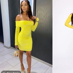 Fashion nova bright yellow off the shoulder dress. Sz med